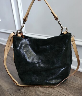 Gianni Conti Black Glitter Beige Trim Leather Crossbody Bag Vera Pelle 