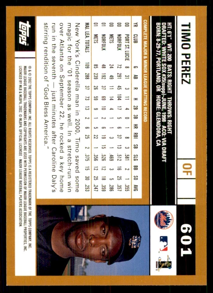 2002 Topps Timo Perez Baseball Cards #601 - Image 2 of 2