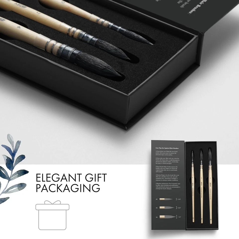 ARTIFY 3 PEÇAS Pincéis de aquarela profissionais naturais para cabelo de esquilo #0, #2, #4 - Imagem 4 de 4