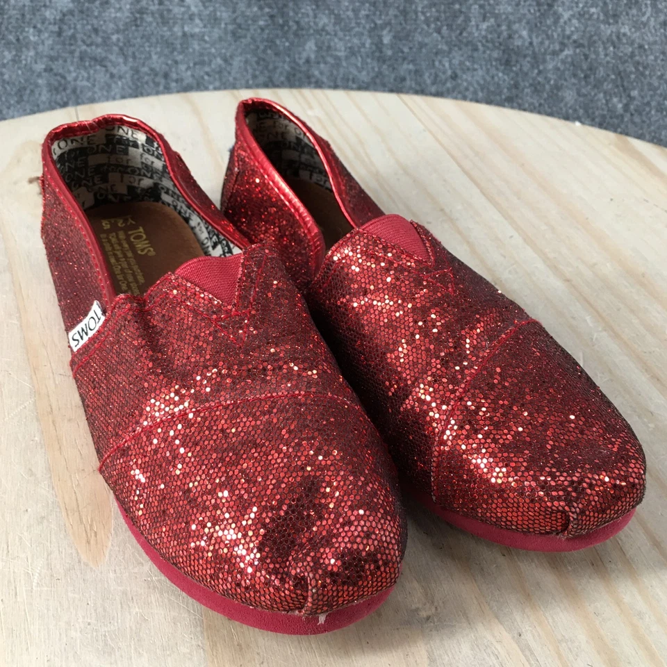 Zapatos Toms Juveniles 2.5 Clásicos Sin Cordones Planos Brillo Cómodos Rojo Lona Informales Foto 3 de 4