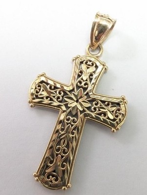 10K Cross Pendant Beautiful Intricate Yellow Side White Side Gold Design  2.13g