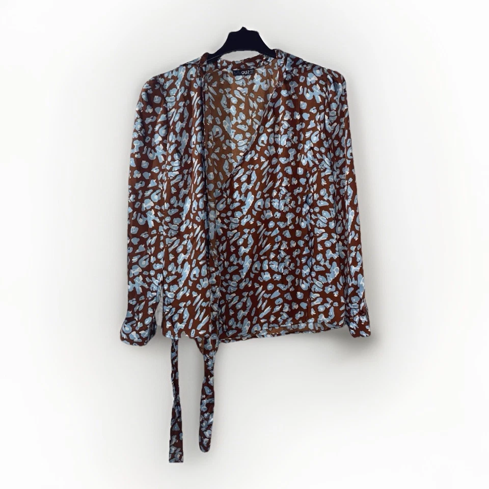 Викторина женщин размер 10 коричневый животных печать атласный надежном блузка v-образным вырезом длинным рукавом - Изображение 3 из 4