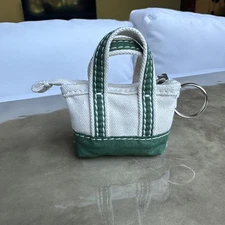 Vintage LL Bean Mini Boat and Tote Bag Key Chain Green Cream Coin Purse Tag 3.5"