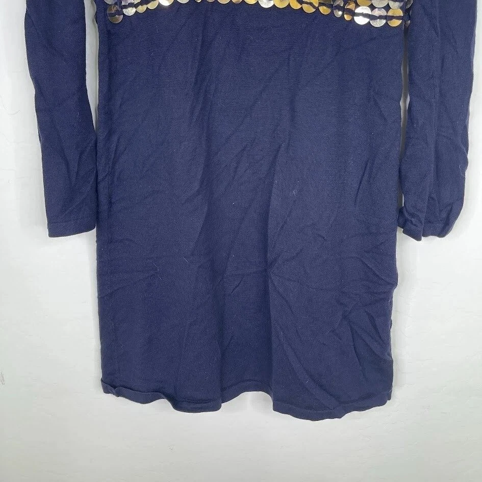 Tory Burch Wool Sequin Long Sleeve Sweater Dress Navy Blue Career Party Size M - Image 4 of 4
