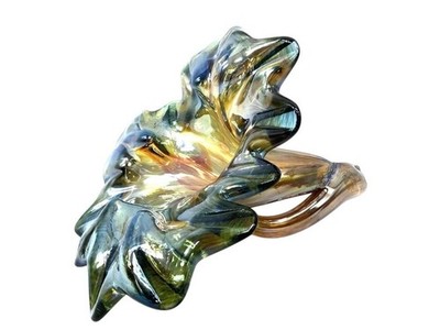 Hand-Blown Iridescent Glass Flower Sculptural Design Green/Amber/Pink Accents
