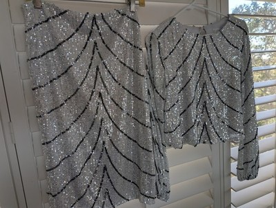 Womens Silver/Black Sequin Chevron 2pc Set Top Skirt Size S 80s Party