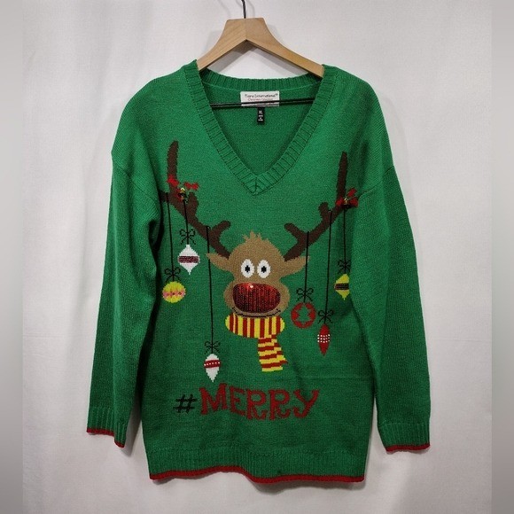 Ugly Christmas Reindeer Sweater Women's XL Green Holiday Winter Cozy Warm