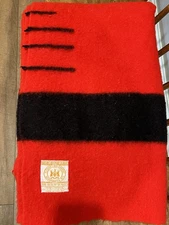 Vintage Hudson Bay Wool 3.5 Point Red W/Black Stripes Blanket Gold Tag 61" x 81"