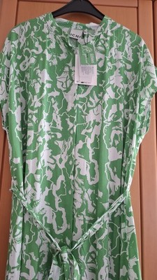 Blusen Kleid, Sommerkleid, Gr. 42 ICHI grün weiss Bindegürtel  Neu mit Etikett