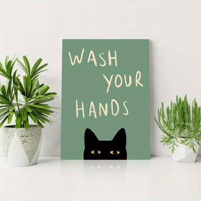 Wash Your Hands Peeking Black Cat Canvas Wall Art, Cute Green Bathroom Decor