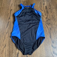 Lands End Womens Black Blue Halter Color Block One Piece Swim Suit Size 12