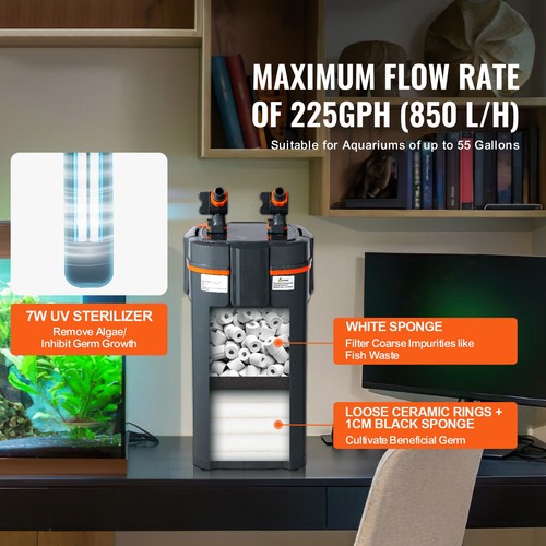 55 Gallon Aquarium Canister Filter 7w UV Sterilizer 225GPH Fish Tank with Pump - Picture 5 of 12