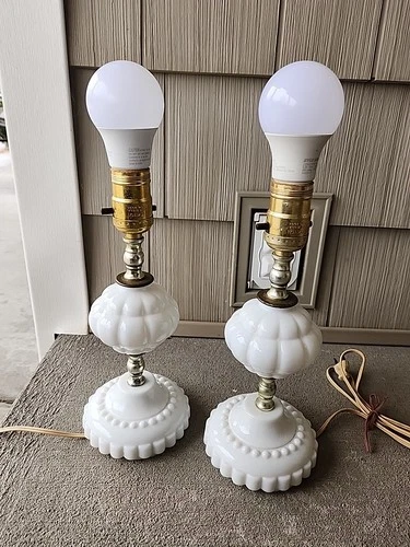 Pair of Vintage White Milk Glass Hobnail 11" Boudoir Dresser Table Lamps Brass
