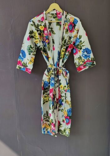 White Multi Floral Kimono Robes Indian Handmade Long Dress For Every Woman Dress - Picture 1 of 4