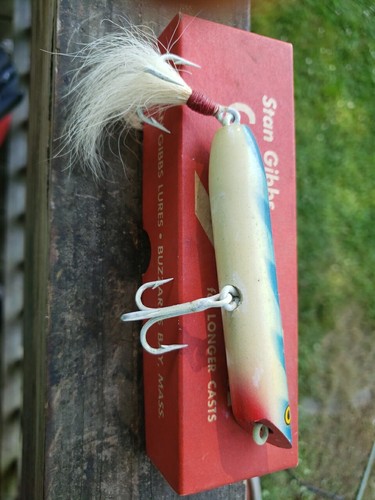 VINTAGE STAN GIBBS FISHING CAST-A-LURE 4 1/2” POPPER WOOD BLUE & WHITE 1 1/4 oz - Picture 4 of 15