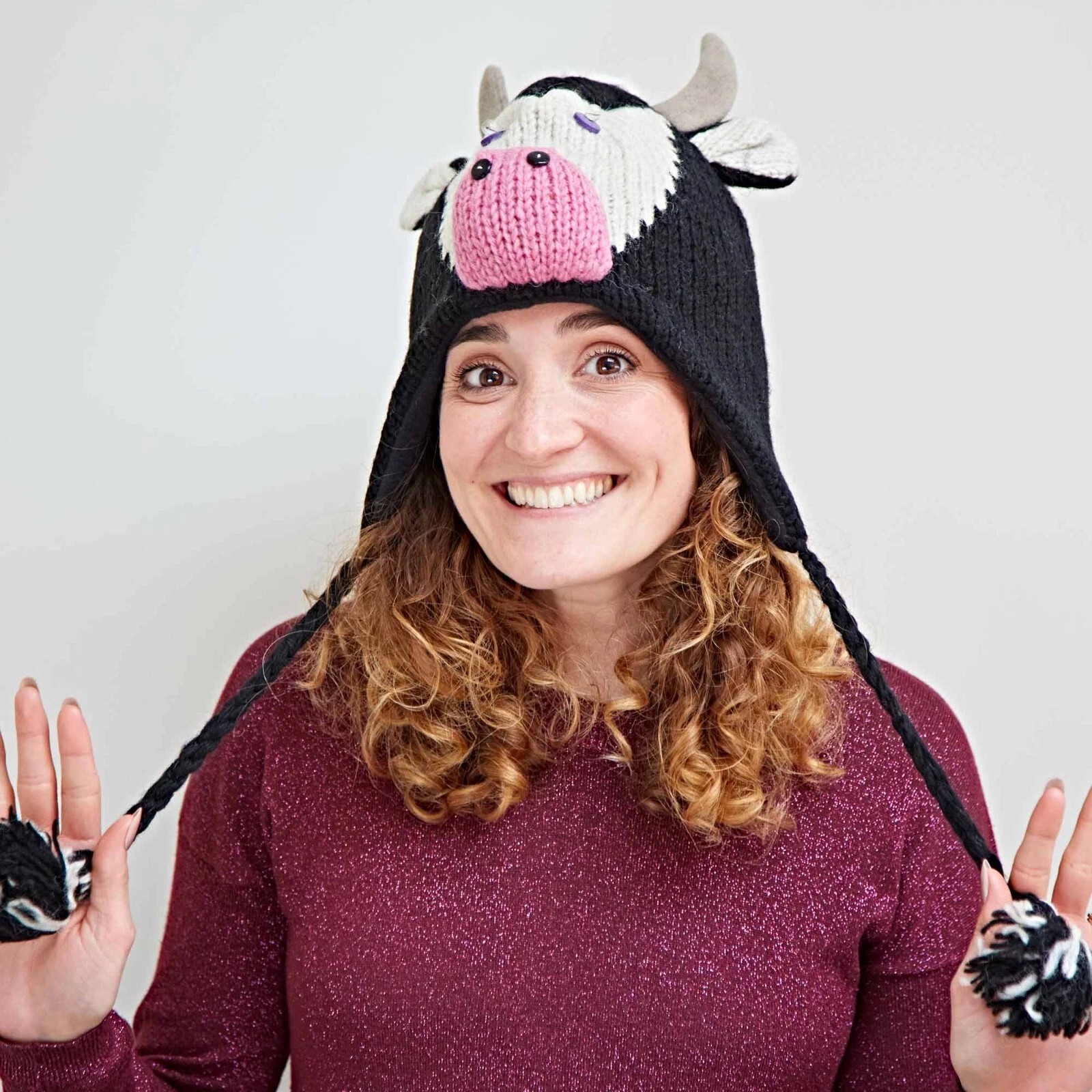 Hand Knitted Woolly Cow Woollen Animal Hat, One Size