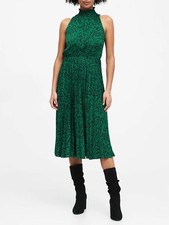 Banana Republic Satin Pleated Midi Dress, Green Print SIZE MP M P #569695 W0224H