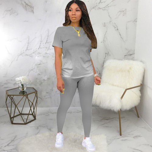 Damen Kurzarm Mode Allmähliche Änderung Farbe Sport Freizeit Lange Hose Set - Bild 7 von 11