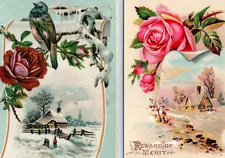 C1890s LOT Victorian Pink Rose Bluebird Winter Landscape Reward Merit Trade Card
