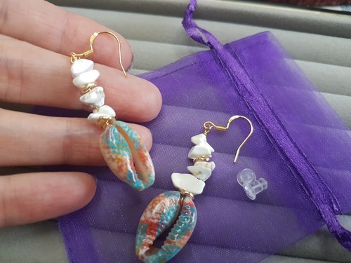 Colorful Crushed Stone White Turquoise & Shell Dangle Earrings- 925 Silver Hook - Picture 9 of 10