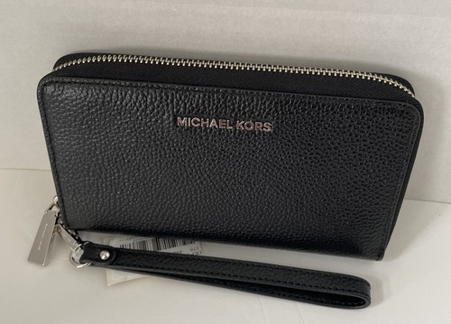 Michael Kors Jet Set Travel Large Flat MF PHN CASE LEATHER Wristlet Wallet Black - Picture 2 of 11