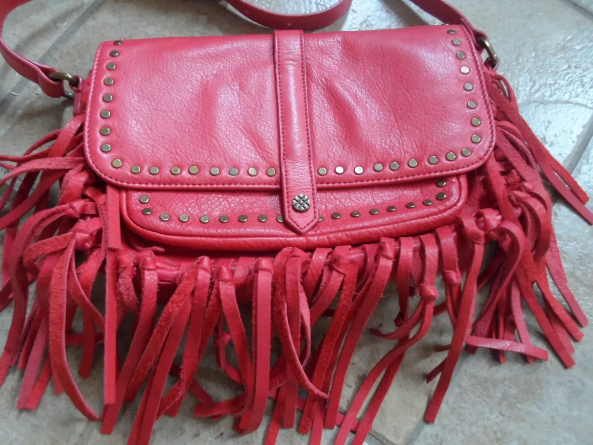 Joelle Hawkens Red handbag purse fringe shoulder cross body studded leather Med