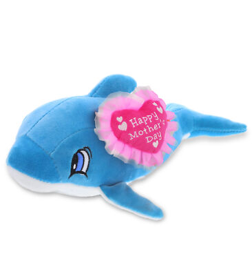 DolliBu Happy Mother's Day Baby Soft Plush Blue Dolphin with Pink Heart -11.75''