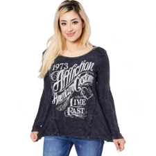 Women's Affliction Shotgun Wedding Thermal Top Black Lava Wash Y2K T-Shirt XS-XL