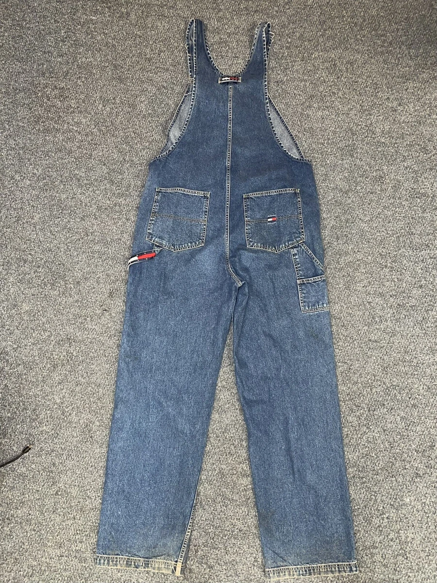 Vintage 90s Tommy Hilfiger Jeans Bib Overalls Size M Big Flag Medium Wash 40x33