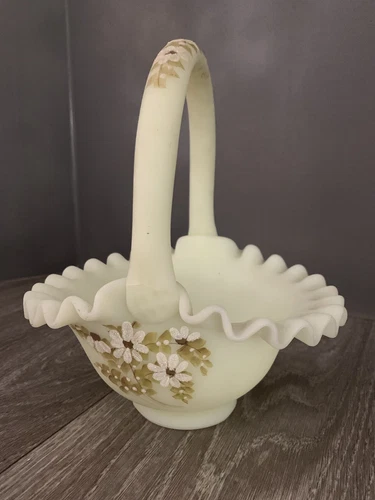 Fenton Vintage Custard Satin Glass Basket Hand Painted - Signed