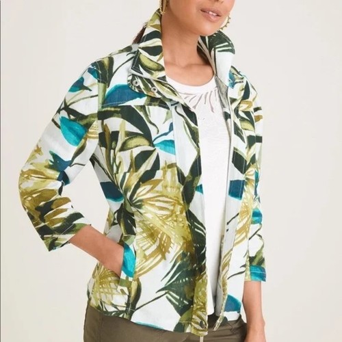 NWT Chico's Size 3 XL 16-18 Tropical Print Sporty Linen Hidden Zip Jacket $119 - Picture 11 of 12