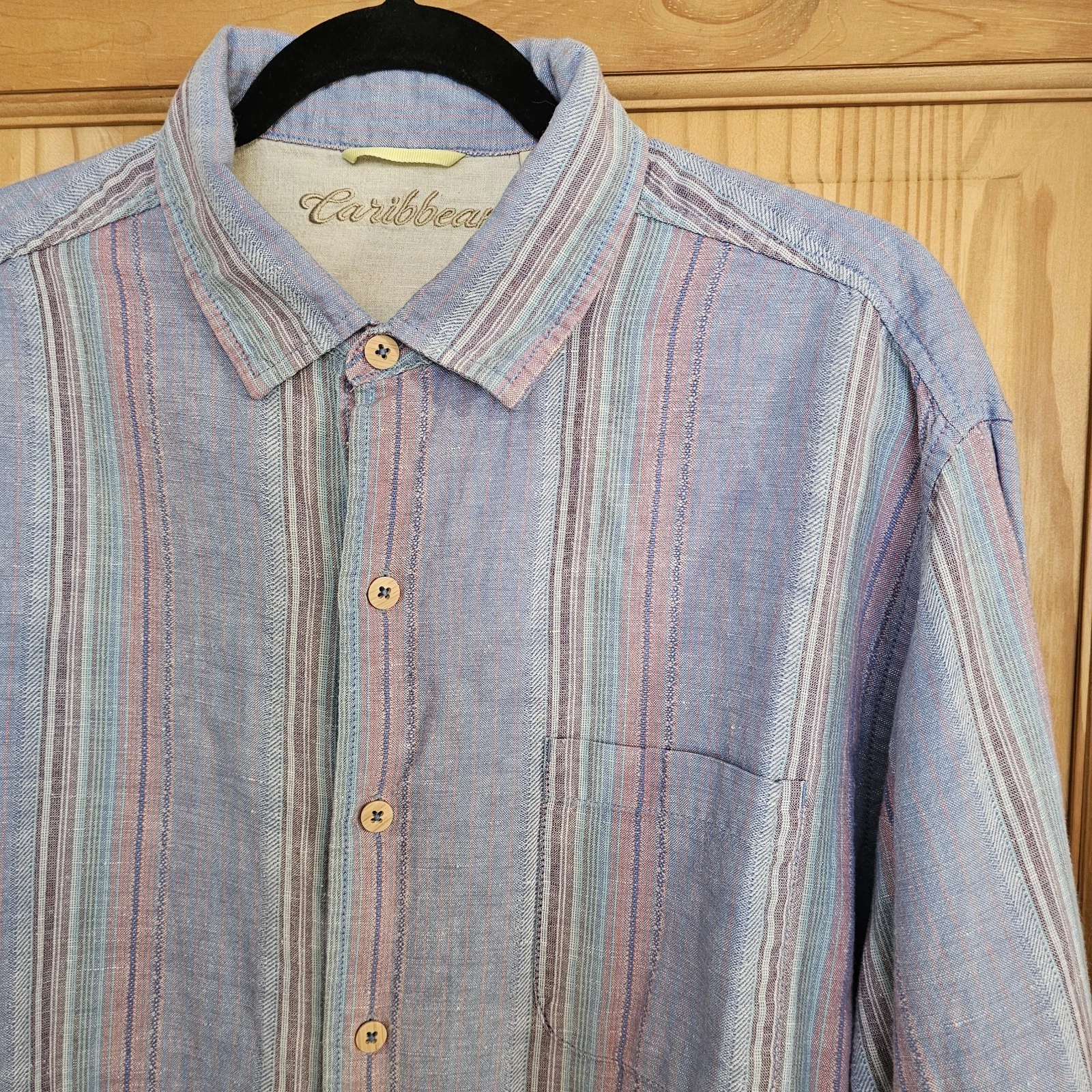 Caribbean Mens Long Sleeve Shirt XL Coastal Pastel Stripe Button Up Linen Blend
