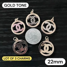 Lot Of 3 CC Round Gold Tone Zipper Pull Button Charms 22mm