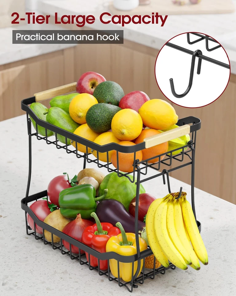 Modern Fruit Vegetable Basket for Kitchen, 2 Tier Metal Stand with Wood Handle - Image 3 of 4