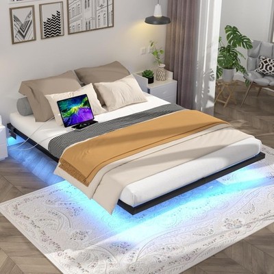Queen Floating Bed Frame with , Modern Platform Bed Frame with LED Ligh