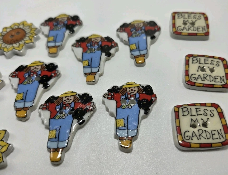 Vintage Unknown Brand 12 Ceramic Sewing Buttons Sunflower Scarecrow Bless Garden - Image 4 of 4