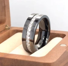 High Polished Pipe Cut Black Tungsten Wedding Ring CZ Eternity Ring 8mm Men Band
