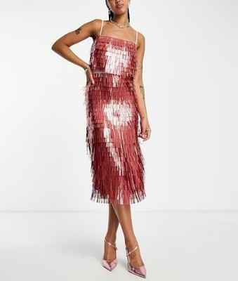 ASOS All Over Shard Embellished Design Rose Gold Cocktail Midi Dress Size 4 NWT