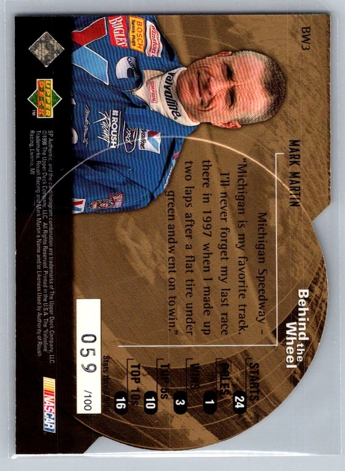 1998 SP Authentic Racing Behind the Wheel Die Cuts #BW3 Mark Martin 59/100 - Image 2 of 2