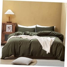 Duvet Cover Set 100 Washed Queen 90"  90" Olive Green No Comforter 