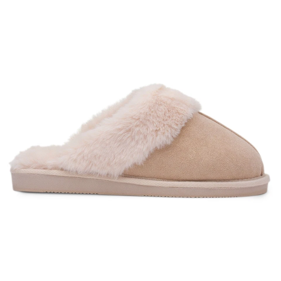 Jo & Joe Womens Slippers Beige Adults Ladies Mule Faux Fur Trim Shimmery Gilmmer