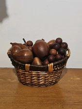 Vintage MCM Wooden Fruit Lot Hand Carved Retro Brown 17 Pieces Wood In Basket