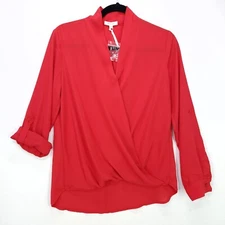 Anthropologie Pleione Women Chiffon Blouse Faux Wrap Red Top XS Oversized Flowy