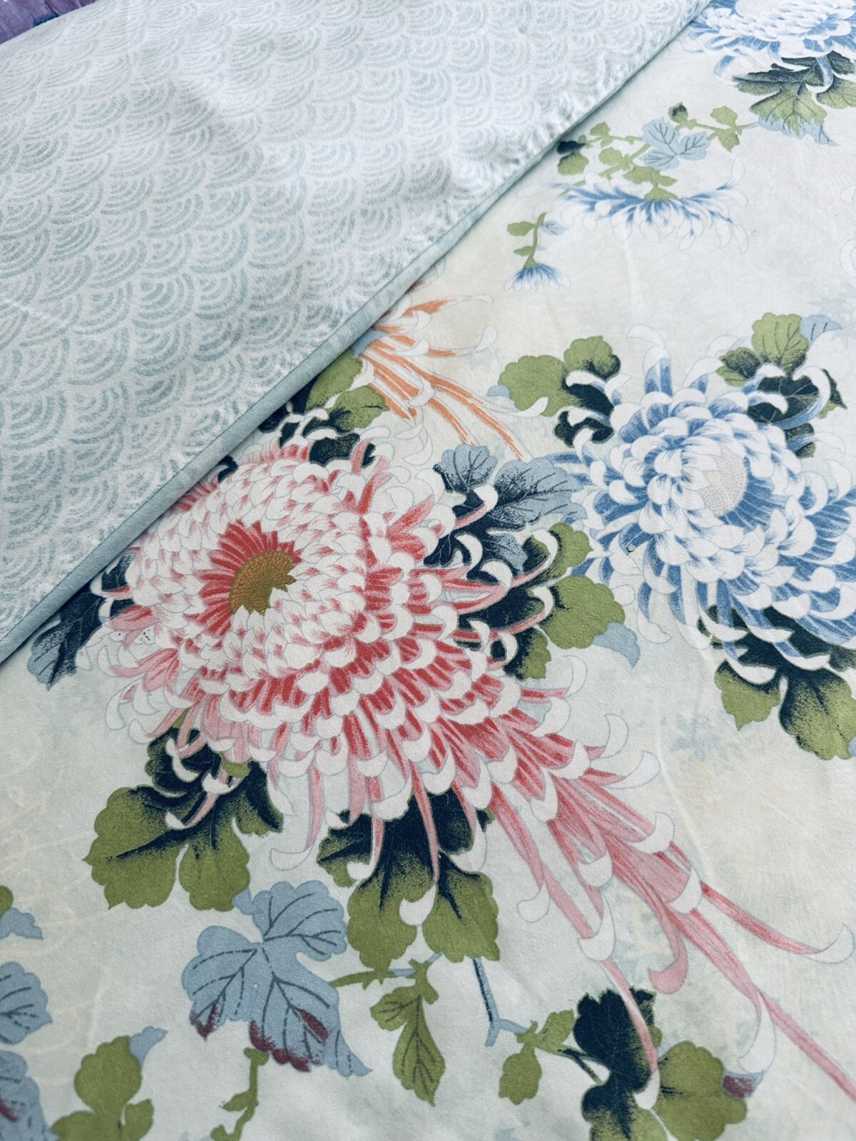 Vintage Cotton Sateen Queen Shanghai Duvet Cover Aqua Zen Asian Floral NWOT