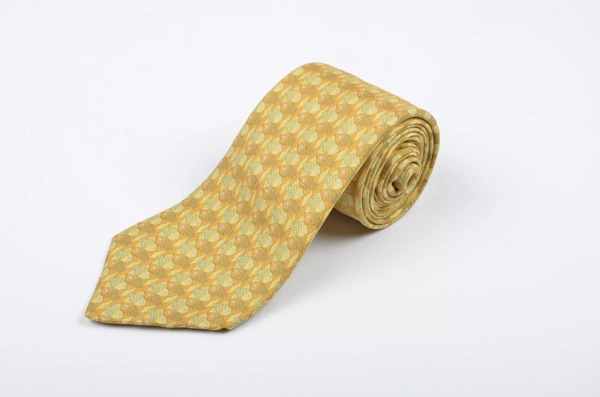 Hermes 100% Silk Fish Printed Yellow Tie eBay HERMES NECKTIE PRINT YELLOW