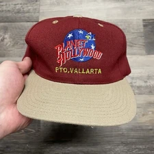 VINTAGE Planet Hollywood Hat Cap Maroon Tan Snap Back Vallarta One Size Fits All