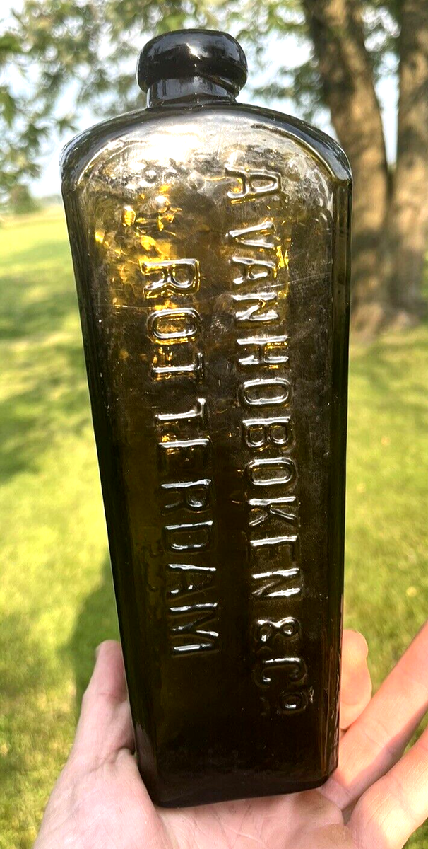 NICE OLIVE GREEN CASE GIN AVAN HOBOKEN CO ROTTERDAM W/SEAL 1870'S