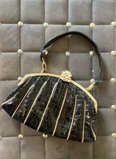 Vintage Clutch Handbag Black Patent Clamshell