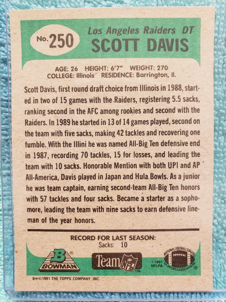 1991 BOWMAN SCOTT DAVIS #250 LOS ANGELES RAIDERS  - Image 3 of 4