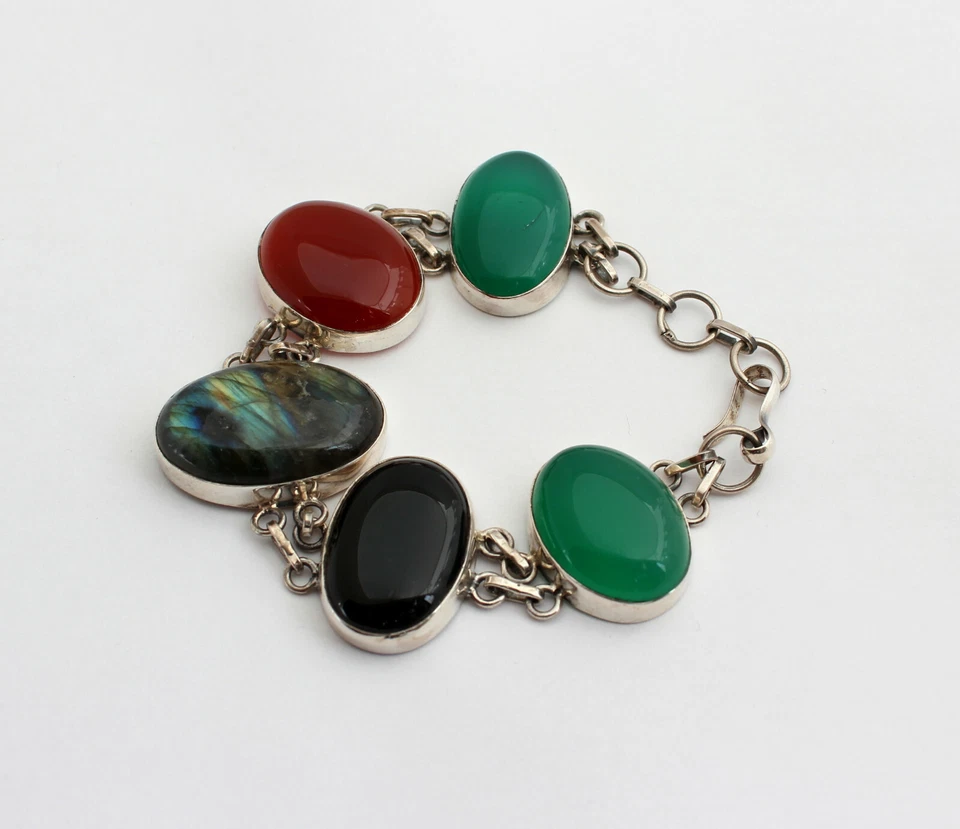 Labradorit Onyx Karneol Edelstein Armband 925 Silber Schmuck Bunt Geschenk 21 cm - Bild 2 von 2